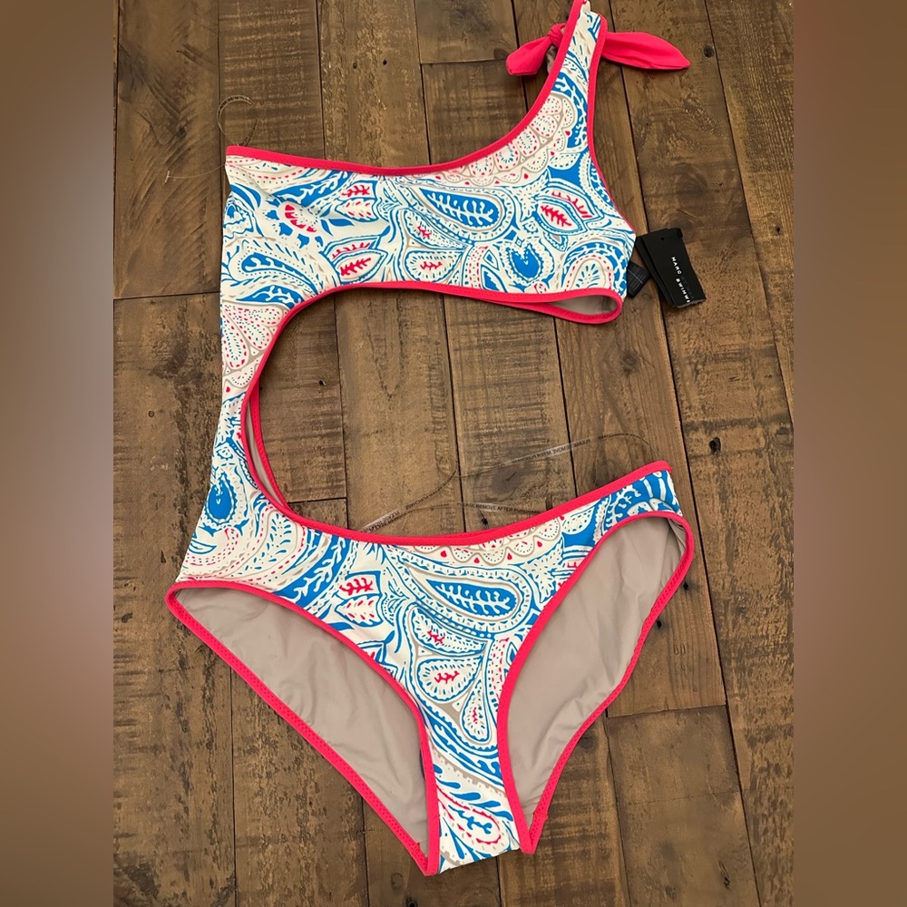 Marc By Marc Jacobs One-Shoulder Cutout One-Piece Swimsuit in Blue, White & Pink